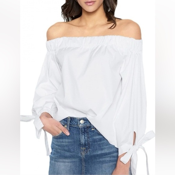 7 For All Mankind Off Shoulder Top White Small Poplin Peasant Tie Wrist - Picture 1 of 12